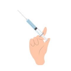 Close-up of vaccinated hand, syringe with hand gesture, vector icon for flu coronavirus vaccine injection