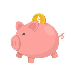 Pink piggy banker with golden coins, saving money for investing wealthy, vector cartoon icon