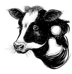 Cute cow head. Ink black and white drawing