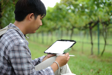 Asian male farmer using digital tablet at Agriculture field. Smart farming argriculture concept.