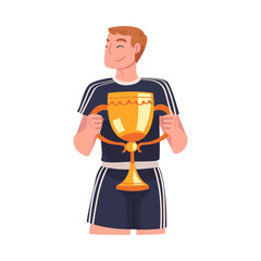 Man Winner Holding Golden Cup as Trophy and Award Vector Illustration