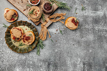 Belgian duck liver pate with onion marmalade jam confiture. Fresh homemade chicken liver pate with greens. banner, menu, recipe place for text, top view