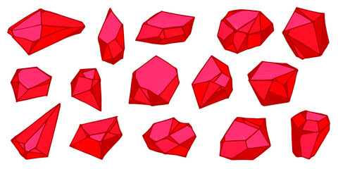 Hand drawn crystals set. Geometric red gems diamonds vector illustrations collection. For geology, jewelry store, decoration, game, web.