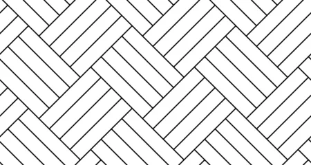 Gardinen Weißer vierfacher Fischgrätparkettboden mit nahtlosem Muster und diagonalen Paneelen. Vektor-Holz- oder Ziegelmauerstruktur. Moderner Innenhintergrund. Umriss monochrome Tapete. © Kusandra