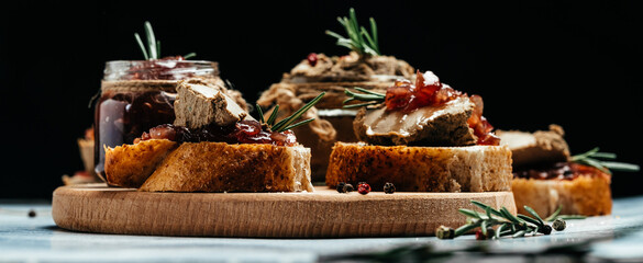 Liver pate with onion marmalade jam confiture. Fresh homemade chicken liver pate with greens. Restaurant menu, dieting, cookbook recipe