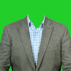 A grey men's suit with a blue plaid shirt.