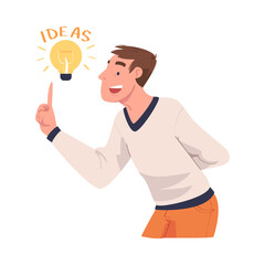 Smiling Man with Glowing Light Bulb Having Idea Vector Illustration