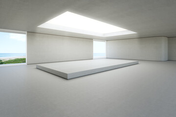 Abstract interior design 3D rendering of modern showroom. Empty floor and white podium with concrete wall background.