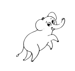 Cheerful cartoon elephant. Funny cute animal. Outline sketch. Hand drawing is isolated on a white background. Vector