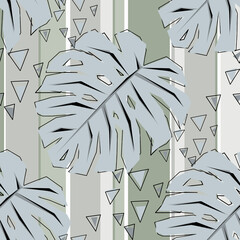 Seamless tropical pattern. Light gray monstera leaves on a striped background.