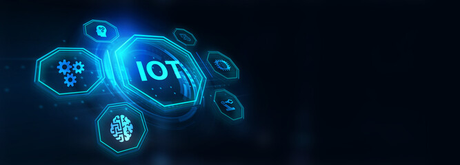 Internet of things - IOT concept. Businessman offer IOT products and solutions. Young businessman  select the abstract chip with text IoT on the virtual display. 3d illustration