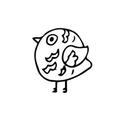 Funny bird in style of doodles. Fabulous cartoon character. Outline sketch. Hand drawing isolated on a white background. Vector