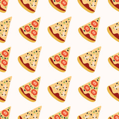 Pizza pattern with mushrooms and tomatoes on a light background