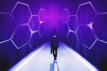 Businessman walking on the road toward metaverse