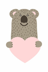 Fototapeta premium Cute cartoon animal holds a heart sign with copy space. set valentine's day greeting card banner invitation flyer brochure. cartoon hand drawn style. Little animals pets in love, declaration of love