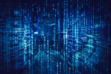 Obraz premium Double exposure of binary code with glowing city