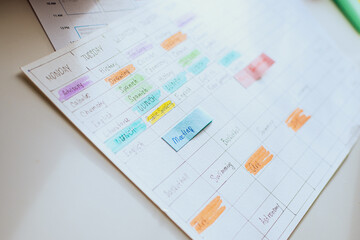 Close-up of the school schedule for the week out of focus with selective focus. The schedule is painted with colorful markers on a white desktop.