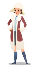 Little girl in winter clothes. Sheepskin coat and warm hat. Teen in winter. Cheerful person. Standing pose. Cartoon comic style flat design. Single character. Illustration isolated background. Vector