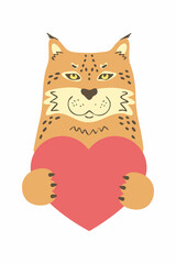 Cute cartoon animal holds a heart sign with copy space. set valentine's day greeting card banner invitation flyer brochure. cartoon hand drawn style. Little animals pets in love, declaration of love