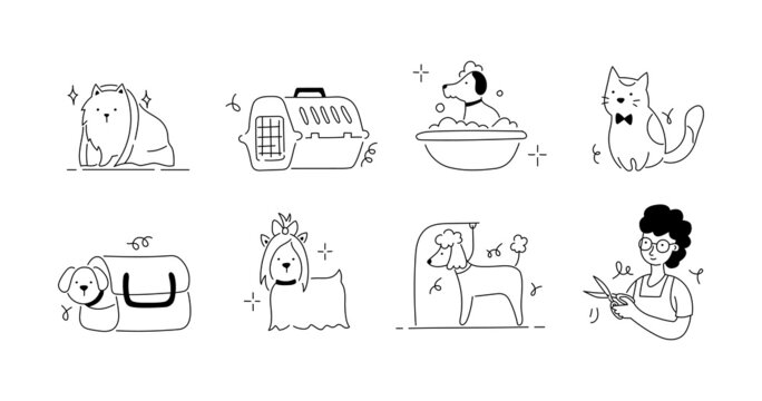 Pet grooming salon icon set. Cute dog beauty grooming salon, wash, care hair of pet. Doodle line style animal and character. Vector illustration.