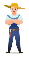 Little boy villager farmer in overalls. Teen is an agricultural worker. Cheerful person Standing pose. Cartoon comic style design. Single character. Illustration isolated on white background. Vector