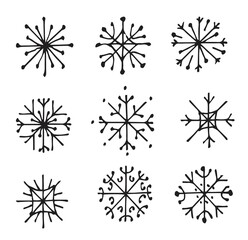 Snow snowflakes. Set of winter objects. Cold winter. Outline sketch. Hand drawing is isolated on a white background. Vector