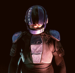 Cyberpunk future concept. Portrait of bionic cyborg police officer in dark. Halfman robot looks at camera. Futuristic science fiction scene, sci. Red blue light blinks. Law, Order © HENADZY