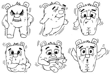 Set of cheerful cartoon bears. Funny cute animal. Outline sketch. Hand drawing is isolated on a white background. Vector