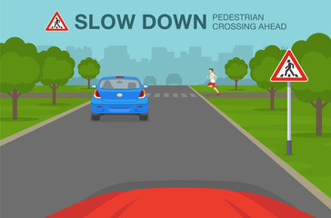 Safety car driving and traffic regulating rules. Car is reaching the crosswalk. Traffic or road sign indicates pedestrian crossing ahead. Flat vector illustration template.