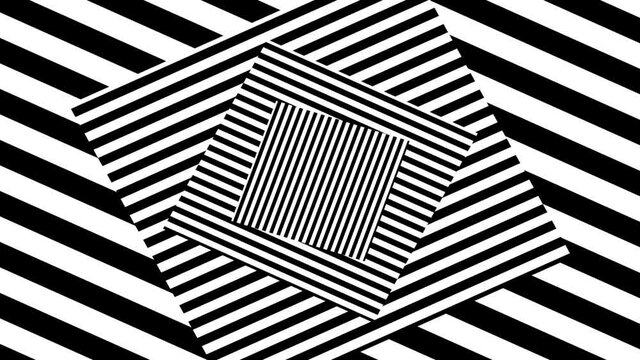 Spinning striped squares. Abstract background with black and white lines.Seamless loop video.