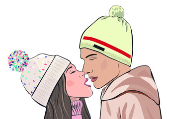 Romantic moment. Kissing guy with a girl. Preliminary illustration for Valentinе Day. - 481089593