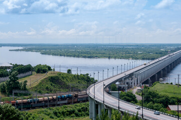 Khabarovsk, Russia, July 8, 2021: Bridge over the Amur River summer landscape