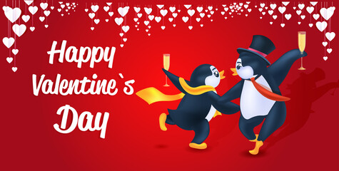 cute penguins couple celebrating happy valentines day antarctic birds having fun full length horizontal