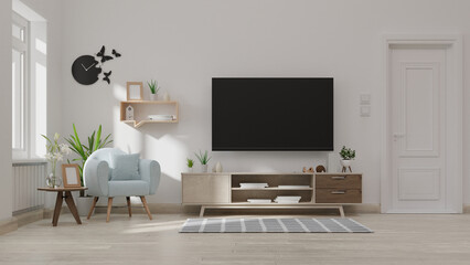 Interior mock up living room with armchair ,TV on cabinet in modern living room with lamp,table,flower and plant on wooden wall background,3d rendering
