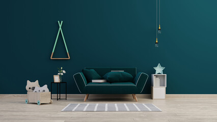 Fototapeta premium Interior mock up living room with armchair ,TV on cabinet in modern living room with lamp,table,flower and plant on wooden wall background,3d rendering