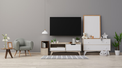 Interior mock up living room with armchair ,TV on cabinet in modern living room with lamp,table,flower and plant on wooden wall background,3d rendering