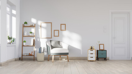 Interior mock up living room with armchair ,TV on cabinet in modern living room with lamp,table,flower and plant on wooden wall background,3d rendering