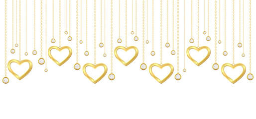 Background of Golden hearts hanging on chain.