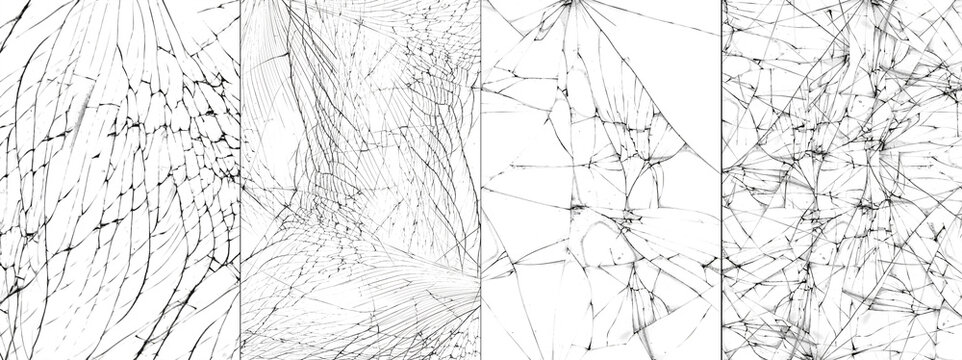Set of photos with cracks. Texture of cracked smartphone protective glass. Broken phone protection glass