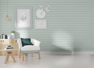 Mock up poster frame in modern interior background, living room, Scandinavian style, 3D render