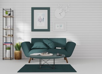 Mock up poster frame in modern interior background, living room, Scandinavian style, 3D render