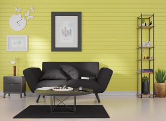 Mock up poster frame in modern interior background, living room, Scandinavian style, 3D render