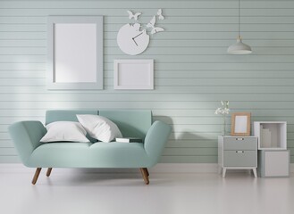 Mock up poster frame in modern interior background, living room, Scandinavian style, 3D render