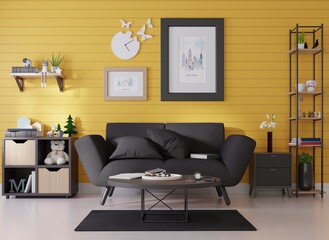 Mock up poster frame in modern interior background, living room, Scandinavian style, 3D render