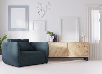 Mock up poster frame in modern interior background, living room, Scandinavian style, 3D render