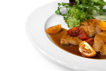 Grilled meat and vegetables with sauce