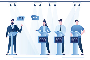 Quiz game. Players and presenter in tv studio. Interior with furniture. People answer questions. Place for filming TV program. Racks with numbers on podium. Lighting on ceiling.