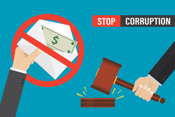 Stop bribery and corruption in the judiciary. Hand gives envelope with banknotes, judge hand knocks hammer. Bribe in red prohibition sign. Desired court verdict.