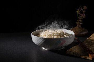 hot noodles in bowl.