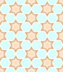 Seamless pattern with golden stars and turquoise background geometric pattern, traditional textile design